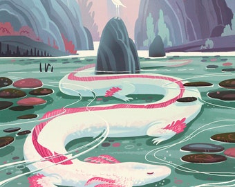 Serene Axolotl Dragon Lake 8x12 fantasy art print