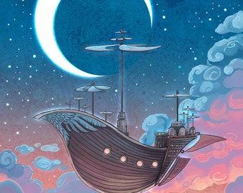 Dreamship 8x10 airship illustration in dreamy colors