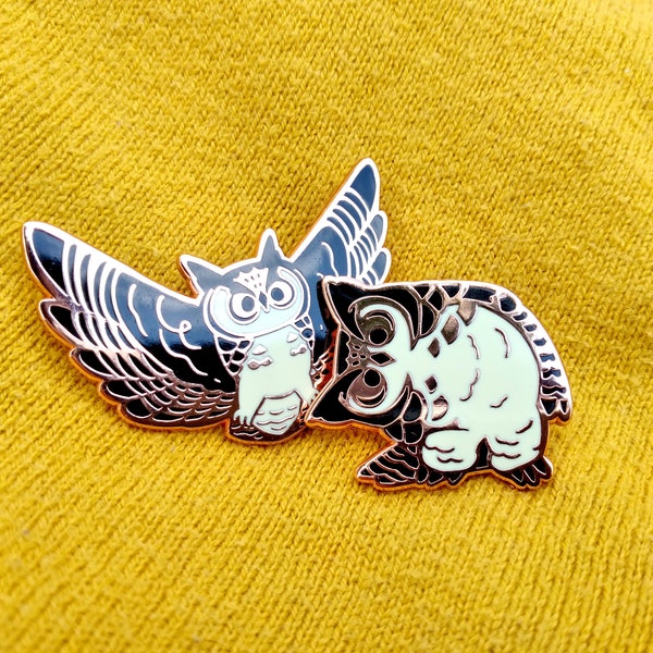 Hoo Who Great Horned Owl copper metal enamel pin set of two