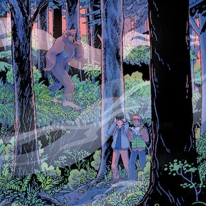 May include: Two people in a forest, looking through binoculars at a large, hairy, humanoid figure standing in the trees. The figure is facing away from the people and has its hand on its chin. The forest is dark and shadowy, with tall trees and dense foliage.