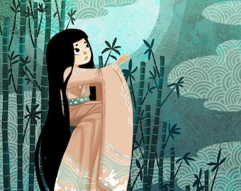 Bamboo and Moon 8x12 Japanese folklore illustration