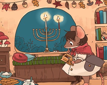 First Night of Hanukkah Cozy Cottage illustration 8x8 in art print