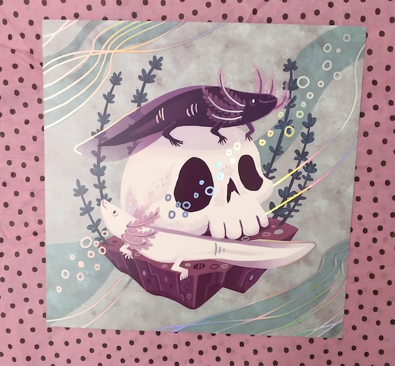 Axolotl Skull Square 8x8 Art Print With Iridescent Rainbow Foil 