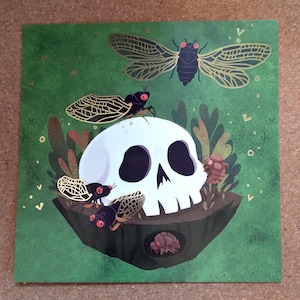 Cicada Skull square 8x8 art print with gold foil