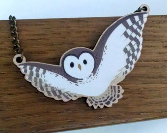 Barred Owl wood charm necklace