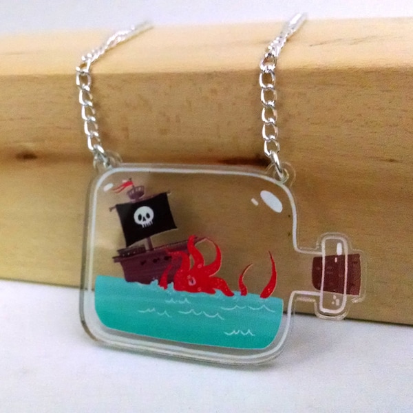 Kracken Attack! Ship in a Bottle clear acrylic charm necklace