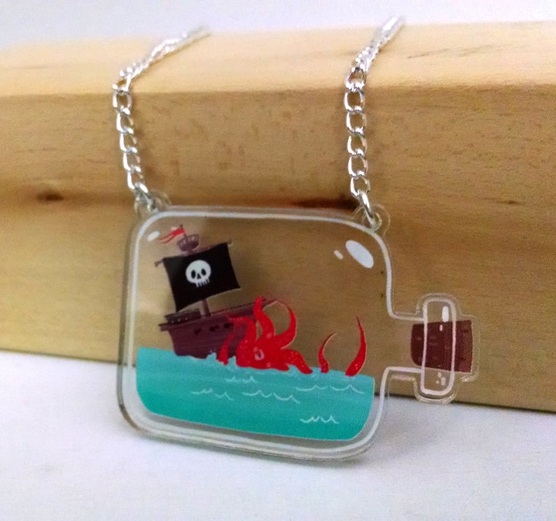 Kracken Attack Ship in a Bottle clear acrylic charm necklace image 1