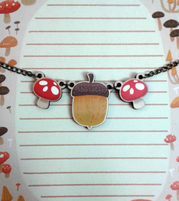 Golden Acorn Trio Wood Charm Necklace
