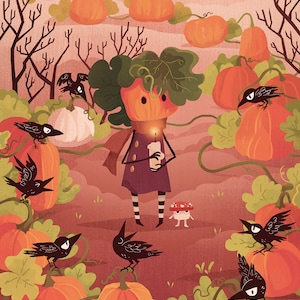May include: Illustration of a pumpkin-headed figure holding a candle, surrounded by pumpkins and crows. The artwork has a warm color palette with orange, brown, and green tones. A small mushroom character is also present. The artist's signature is in the bottom right corner.
