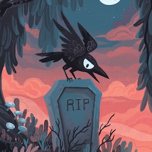 Tombstone Crow 8x12 inch gothic horror Halloween art print