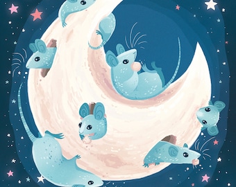 Mice in the Moon 8x8 square pastel dreamy art print