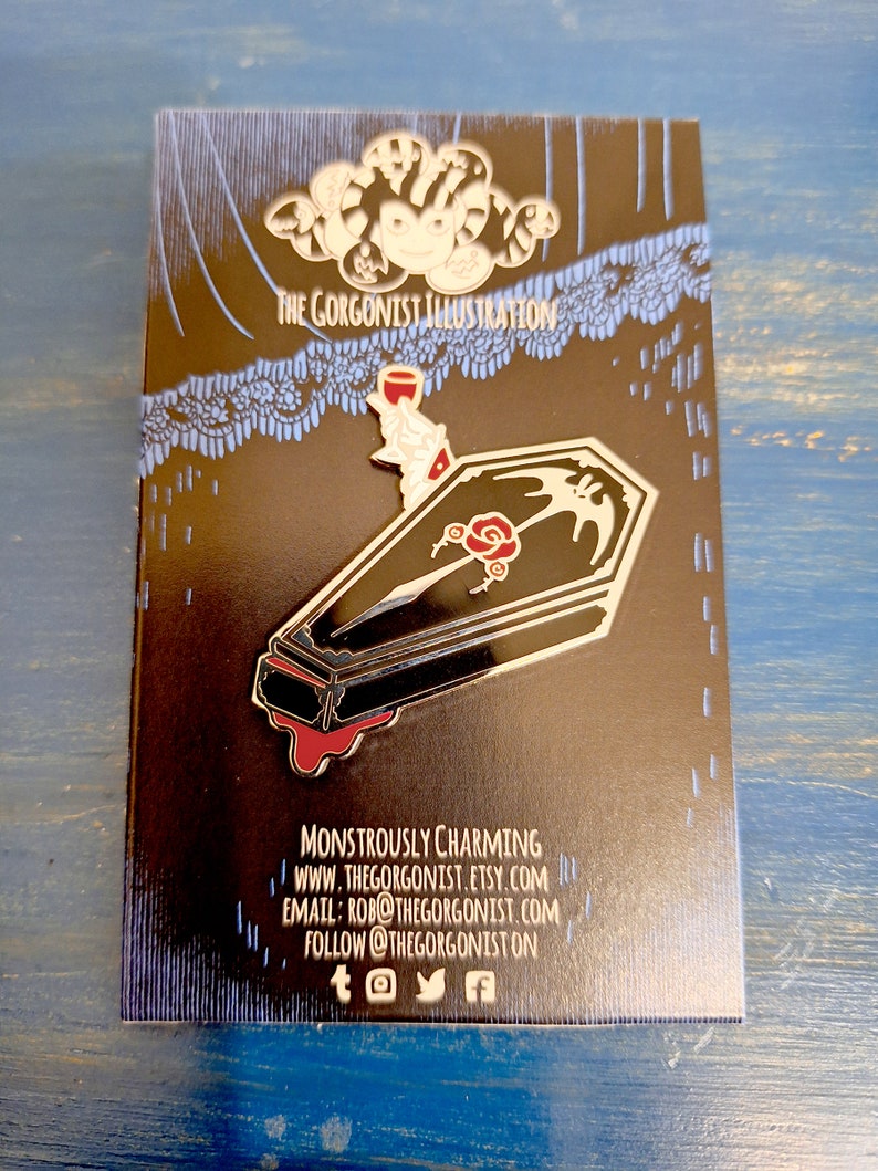 Last Call Vampire Coffin Enamel Pin with special backing card image 2