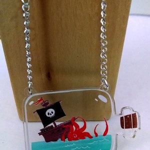 Kracken Attack Ship in a Bottle clear acrylic charm necklace image 3