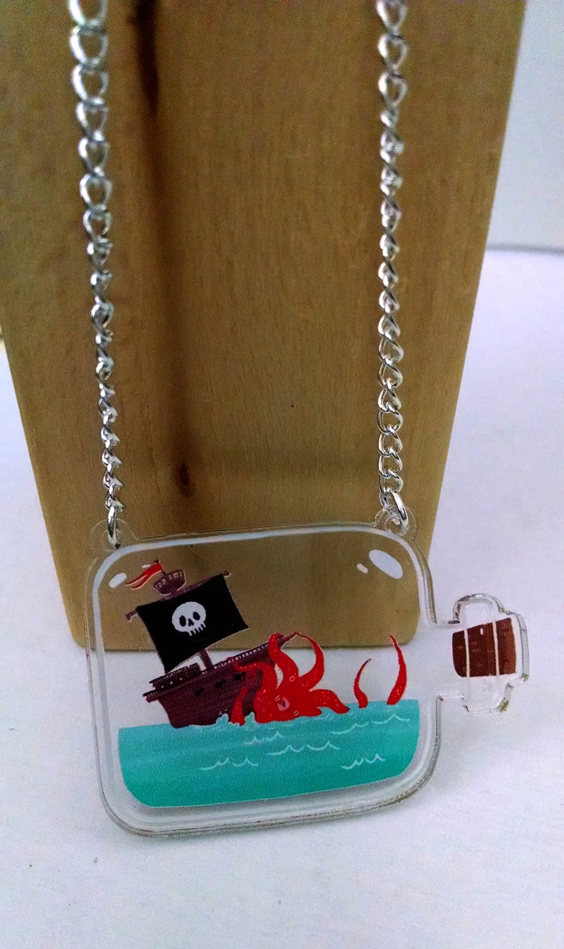 Kracken Attack Ship in a Bottle clear acrylic charm necklace image 3