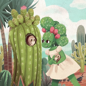 May include: A green cactus character with pink flowers in her hair holds two small brown owls in her hands. She is standing in front of a large green cactus with a brown owl peeking out of a hole in the side. The scene is set in a desert landscape with other cacti and a blue sky.