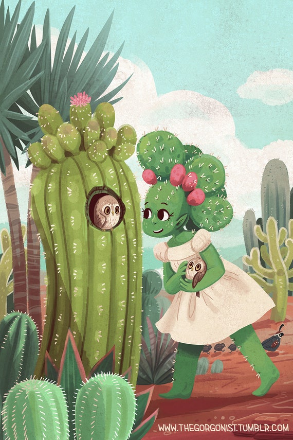 Cactus Owl Visit 12x18 inch cactus succulent dryad cute fantasy art print  poster