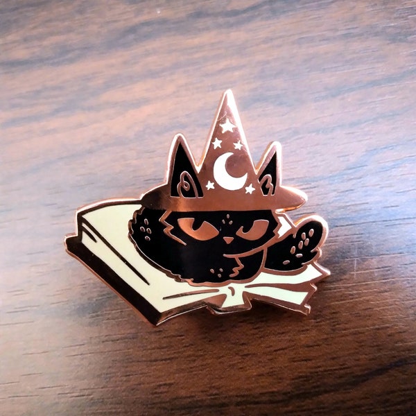 Witchy Kitty Sitting on Spellbook Halloween Black Cat  copper metal enamel pin