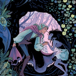 Op de afbeelding: Een fantasievolle illustratie van twee figuren in een bosrijke omgeving. Een figuur is een elf met lange, puntige oren, die een paarse mantel en een wit shirt draagt. De andere figuur is een donkerhuidige humano&iuml;de met lang, zwart haar, die een witte kleding draagt. De figuren staan in een grot opening, omringd door weelderig groen.