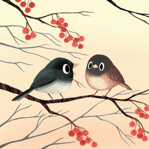 May include: Two cartoon birds with black heads and white bellies are perched on a branch with red berries. The bird on the left is looking to the right and has its mouth open. The bird on the right is looking straight ahead.