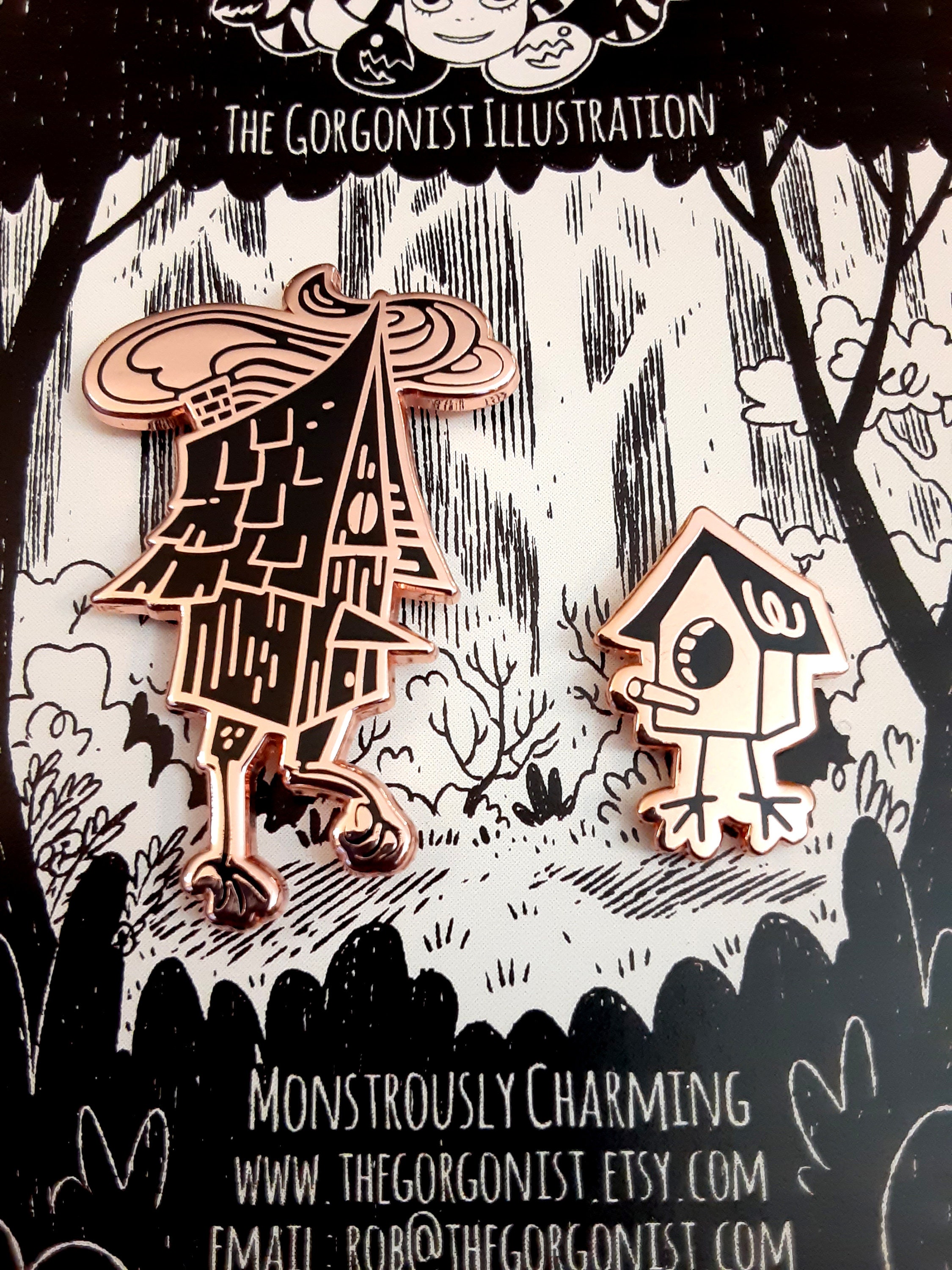Baba Yaga and Baby Yaga Huts Hard Enamel Copper Metal Pin Set on