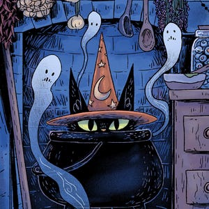 If I Fits I Sits in the Cauldron Witch Kitty 8x10 inch art print