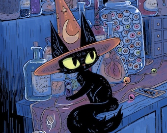 以下が含まれることがあります： 魔女の帽子をかぶった黒い猫が、カラフルな液体と物体が詰まった様々な瓶やボトルが置かれた木製の棚に座っています。瓶には「Peem」や「キャットニップのチンキ剤」などの言葉が書かれています。
