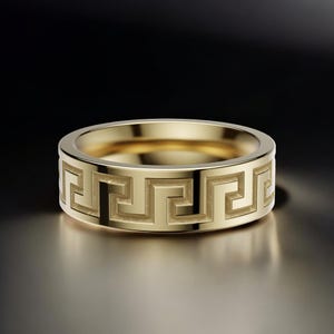 Greek Key Band Ring for Men & Women – 18K Gold Plated on 925 Sterling Silver – Timeless Geometric Pattern Unisex Jewelry
