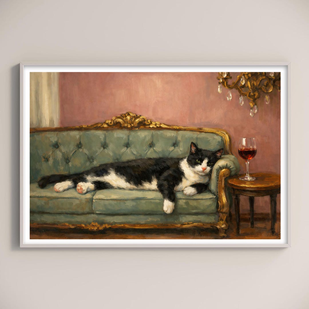 Tuxedo Cat Wine Lounge Art Print, Vintage Oil Painting Wall Art ...