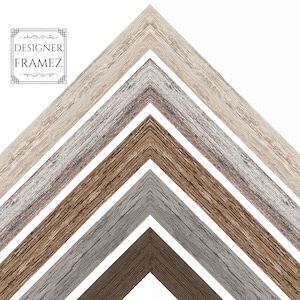 May include: A collection of wooden picture frame samples in various shades of brown, gray, and beige, arranged in a chevron pattern. The frames have a textured, weathered appearance. The logo "DESIGNER FRAMEZ" is in the upper left corner.