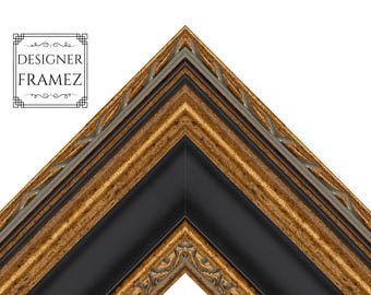 Ornate Gold & Black Picture Frame, Classical Style, Custom Size