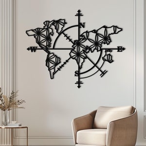 Arte mural con brújula y mapa del mundo de metal, mapa del mundo con brújula, decoración de pared con brújula, brújula y mapa del mundo de metal, arte mural con mapa de metal, mapa del mundo colgante