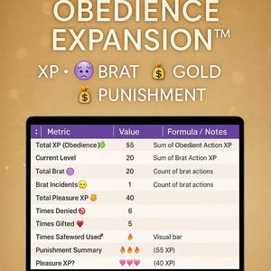 May include: A laptop screen displays a game interface with the text "Sacred Game Obedience Expansion." The screen shows metrics like Total XP, Current Level, Total Brat, and Total Pleasure XP. The background is a gradient of gold and brown.