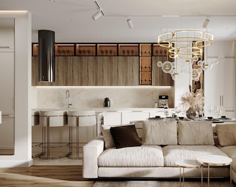 Projekt wnętrza domu. Wizualizacja 3D kuchni. Dobór materiałów i mebli.