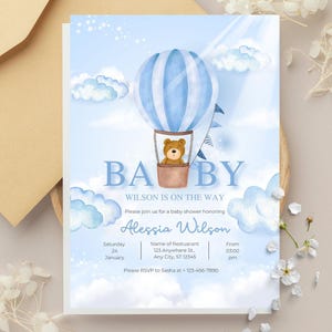 Editable Digital Boy Baby Shower Invitation Template, Electronic Bear Baby Shower Evite, Balloon Baby Shower Invitation, Instant Download