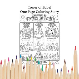 Pode incluir: Uma história para colorir em preto e branco intitulada "Torre de Babel" com ilustrações e texto. A imagem inclui um conjunto de lápis de cor na parte inferior. O texto diz "One Page Coloring Story" e "The Story of Tower of Babel".