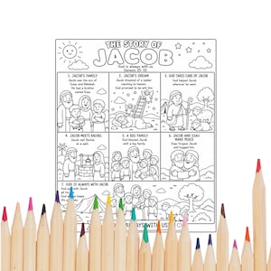 Pode incluir: Livro para colorir em preto e branco intitulado "The Story of Jacob" com ilustrações retratando cenas da história bíblica. Inclui texto e é cercado por uma coleção de lápis de cor.