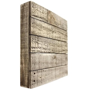May include: A rustic wooden wall art piece with a weathered gray finish. The wood is arranged in horizontal planks, creating a layered effect.