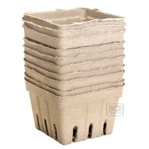 May include: A stack of 10 brown paperboard berry baskets. The baskets are square and have a scalloped edge. The baskets are made of recycled paper and are biodegradable. BCI Crafts is printed on the bottom of the stack.