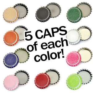 May include: Assortment of 50 bottle caps in 10 different colors.  Each color has 5 bottle caps.  The colors are gold, orange, red, pink, green, blue, black, white, silver, and light green.