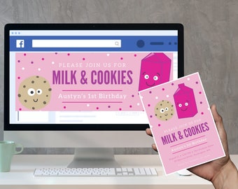 Milk & Cookies 1st Birthday Invitation Bundle - Pink - Digital Download - Customizable - Party - Fun