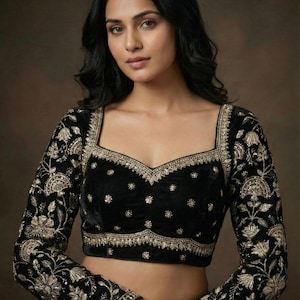 Luxury Freandy Silk Blouse with Intricate Gold Embroidery - Long Sleeve Indian Saree Blouse - Custom Tailored Wedding Crop Top -