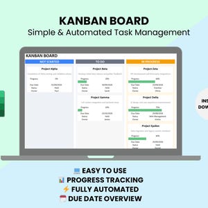 May include: A laptop screen displays a Kanban board with task management sections: Not Started, To Do, and In Progress. The screen shows project details, progress bars, and due dates. An Excel icon is in the corner, with the text "KANBAN BOARD" at the top.