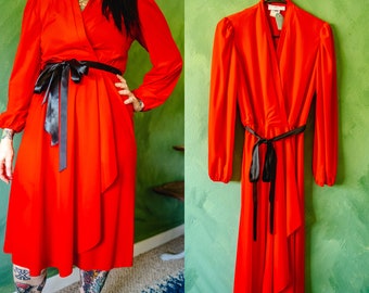 80s Cocktail Dress Leslie Fay Red Wrap Holiday Sz 8 VINTAGE