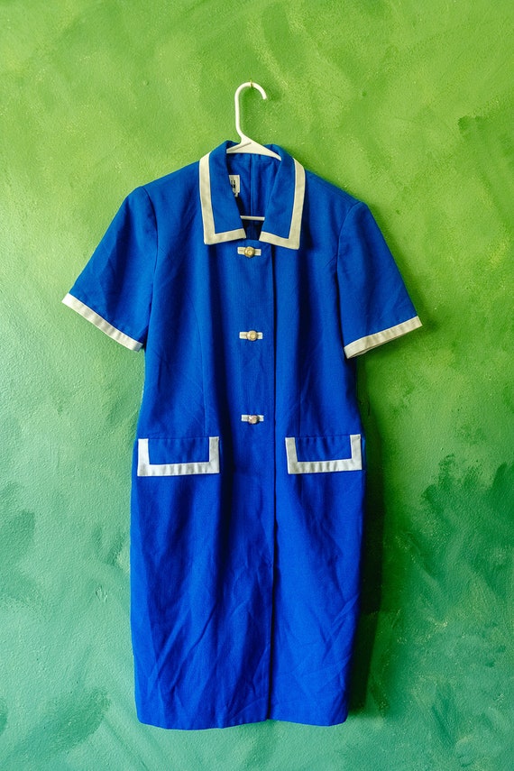 80s 90s Blue and White Shirtdress Leslie Fay size… - image 5