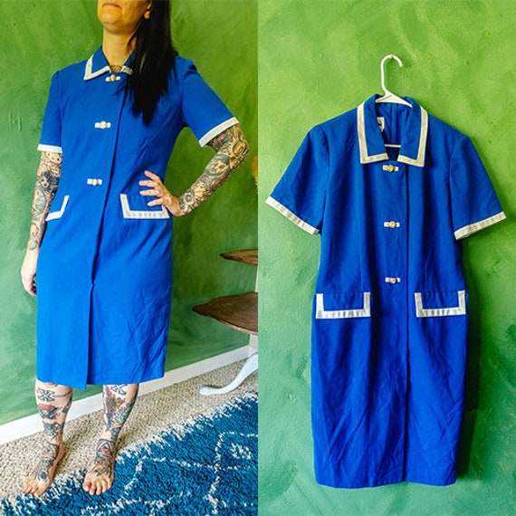 80s 90s Blue and White Shirtdress Leslie Fay size… - image 1