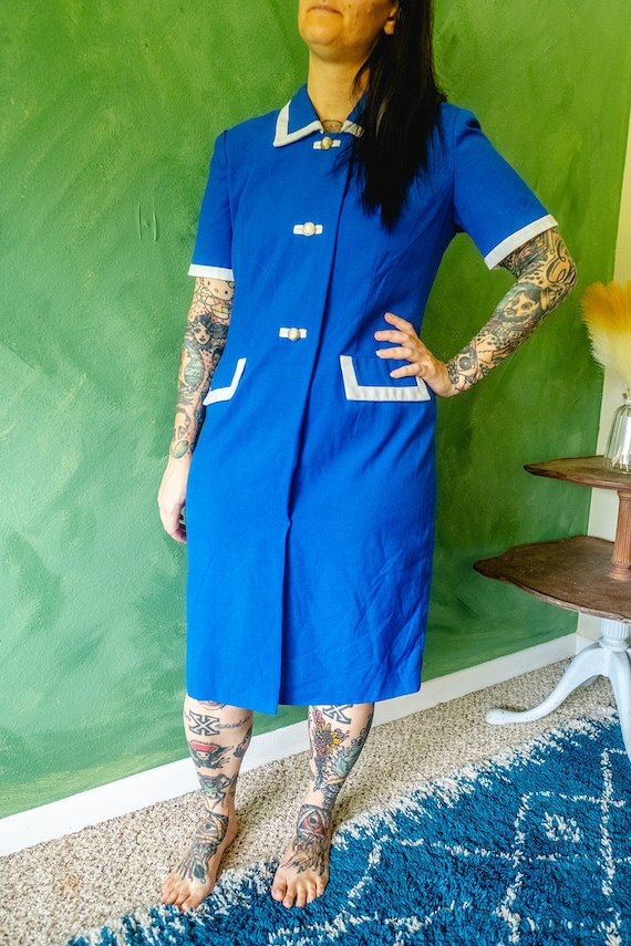 80s 90s Blue and White Shirtdress Leslie Fay size… - image 3