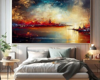 Pintura abstracta moderna de paisaje urbano sobre lienzo, arte mural texturizado en dorado, rojo y azul, arte acrílico de lujo hecho a mano para decoración de sala de estar y oficina.