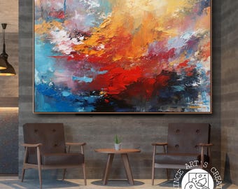 Modern abstract getextureerd schilderij op canvas, rood blauw goud paletmes muurkunst, luxe handgemaakt acrylkunstwerk voor woonkamer en kantoor