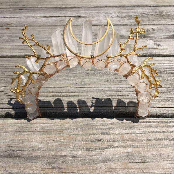 Frosted Quartz Golden Moon Crystal Crown, Tiara, Headband, Halloween, Wedding, Birthday, Festival, Rave, Ren Faire