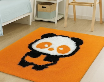 Handmade Tufted Panda Rug: Orange Kids Room Decor, 40"x40"